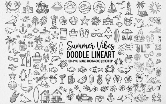 Download 120+ Summer Vibes Doodle Line Art PNG - Art Collection