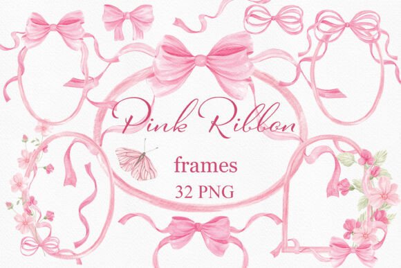 Download Watercolor Pink Ribbon Flower Frames - Ink Collection